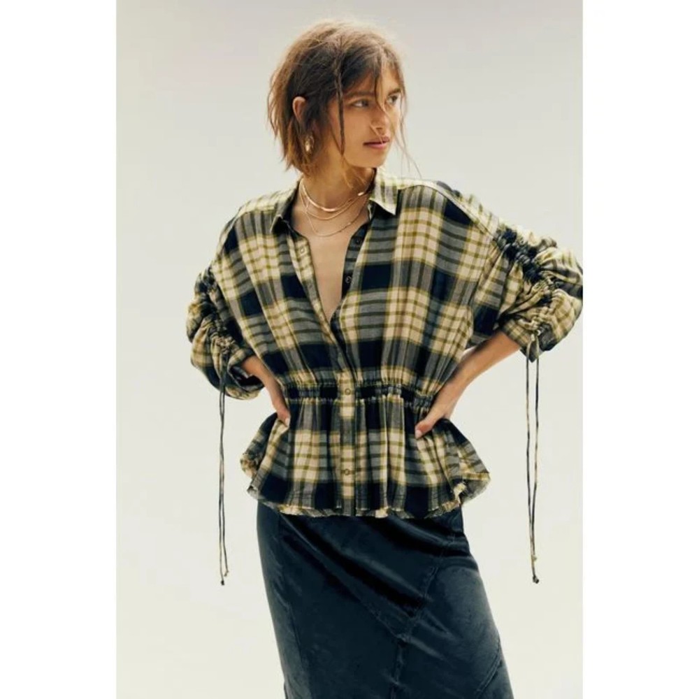 Free People NWT Pacific Dawn Plaid Shirt Snap Front Closure Drawstring Black New